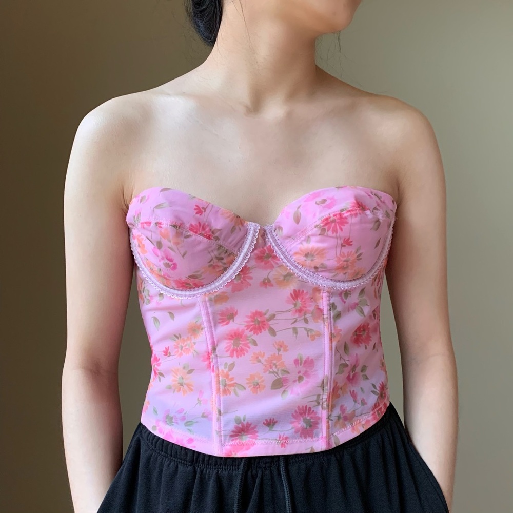 Vassarette vintage pink floral bustier 36B